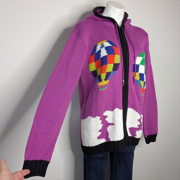 Vintage Allen Innovation Purple Knit Hot Air Balloon Zip Up Hoodie Sweater XXL - Picture 4 of 8
